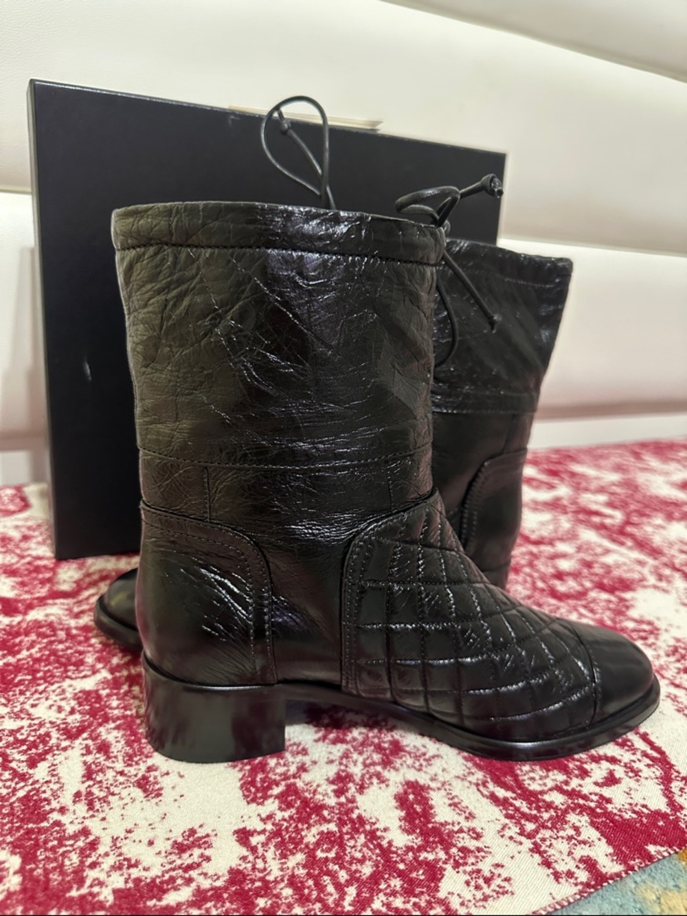 CHANEL Black Quilted Crumpled Calfskin Leather Short Boots with CC Logo - Picture 8 of 15